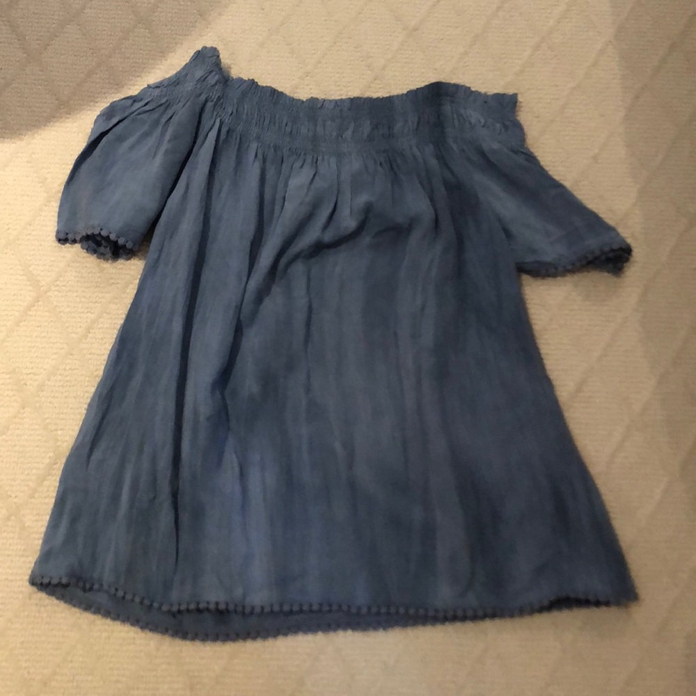 E M blue dyed off the shoulder top